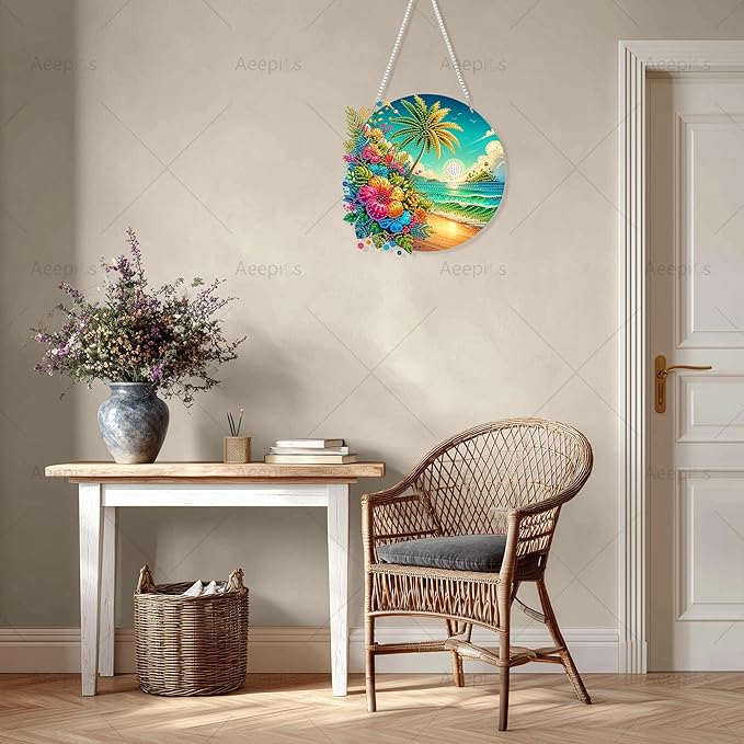Aeepics Hanging Diamond Art Kit for Adult, DIY Diamonds Painting Pendant Ornament Kit, Acrylic Diamond Art Painting Board Kit (Beach)