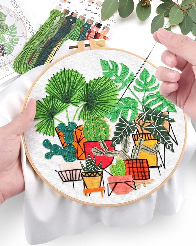 ERKOON Embroidery Kit for Beginners, Flower Cross Stitch Set for Include Embroidery Cloth Hoops Threads for Craft Lover Hand Stitch with Embroidery Skill Techniques (Greenery)