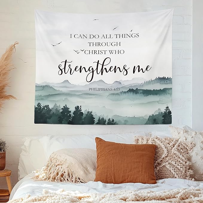 MNASAIOO Christian Mountian Wall Tapestry Hanging for Bedroom,Bible Verse I Can Do All The Things through Christ Who Strengthens Me Tapestry,Rustic Tapestries Wall Decor for Living Prayer Room 50x60in
