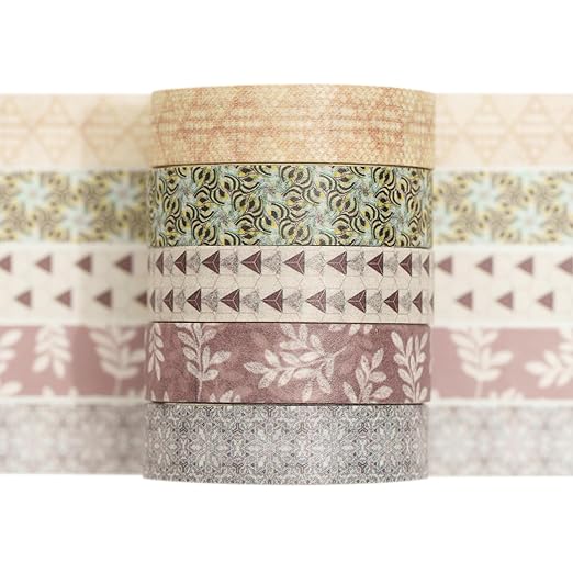 Fantasy Washi Tape Set - 5 Rolls Texture Arts Adhesive Tapes Basic Patterns Decorative Masking Tape Sets for Craft, Kids, Scrapbook, DIY, Gift Wrapping (4-Neutral Geometry)