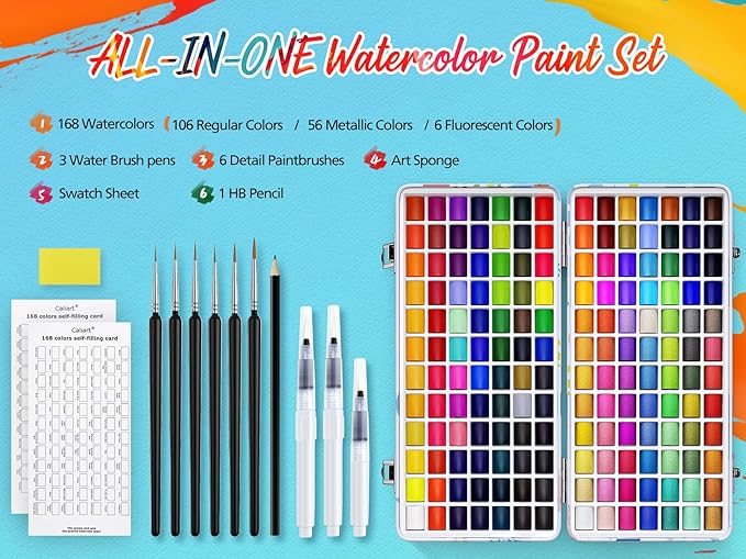 Caliart 168 Colors Watercolor Paint Set Portable, for Adults Artists Professional, Art Supplies Watercolor Painting Kit Drawing Gifts, Easter Basket Essentials Stuffers