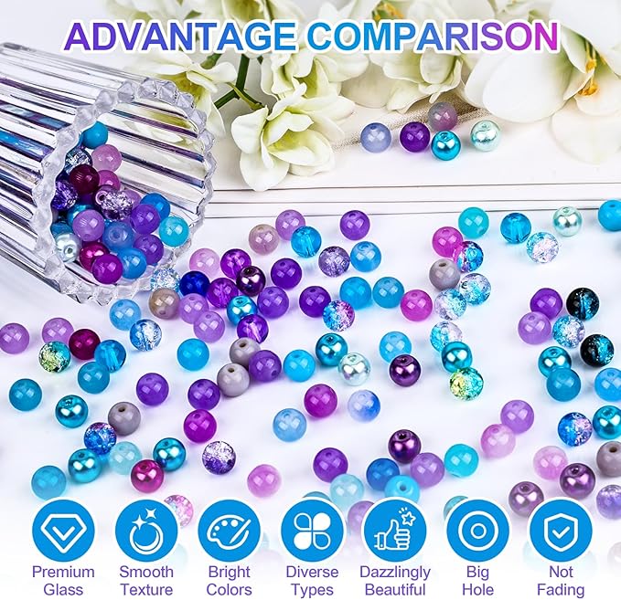 XSEINO About 1200PCS 8mm Glass Beads Bracelet Making Kit，48 Assorted Dreamy Purple and Blue Series Colorful Crystal Beads for Making and DIY Crafts