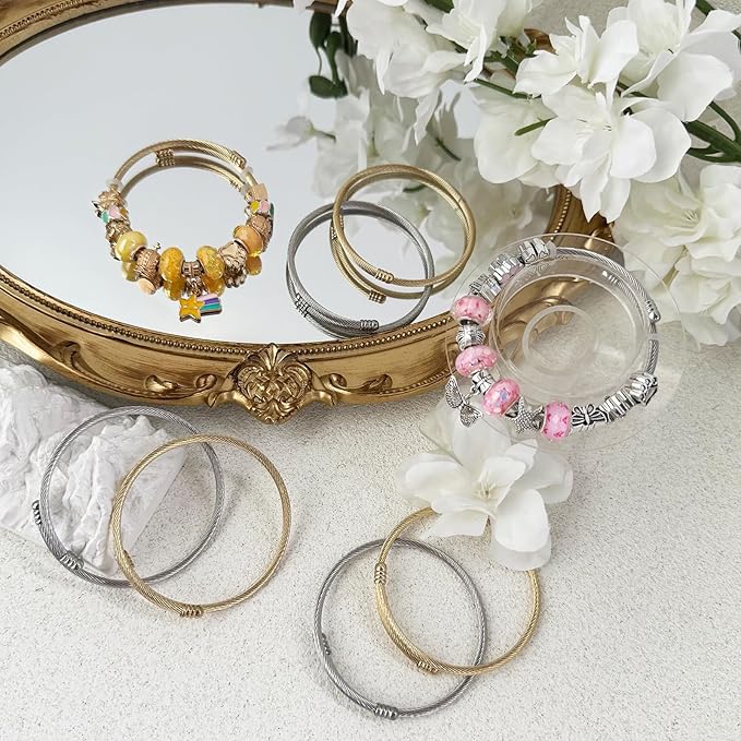Exway 20 Pcs Elastic Charm Bracelet Chain Stainless Steel Cable Wire Twisted Cuff Bangle Bracelet Gold and Sliver Charm Bracelets Kit for Crafts DIY Women Jewelry Making