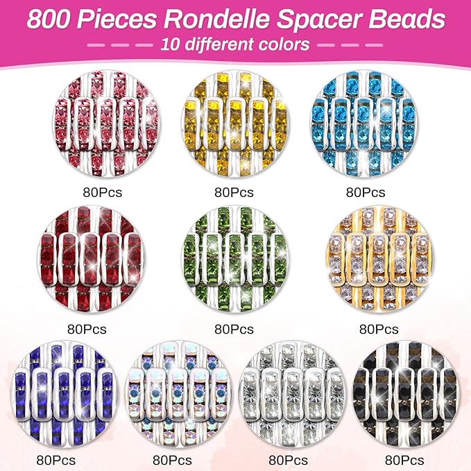 shynek 800 Pieces Rondelle Spacer Beads for Jewelry Making, 6mm Rhinestone Spacer Beads for Beaded Pens, Crystal Bead Spacers for Jewelry Making, Bracelets (10 Colors)