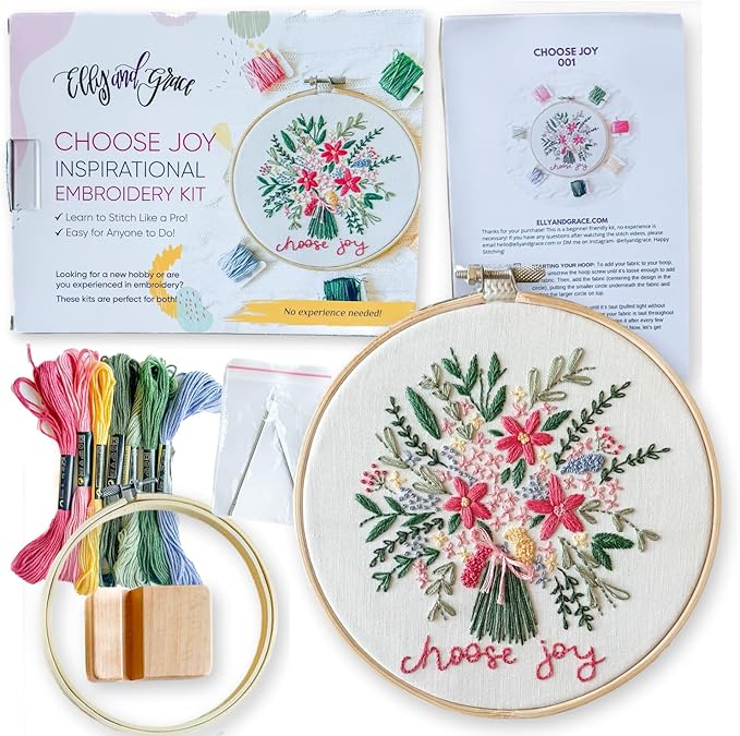 elly & grace christian embroidery kit with embroidery hoop, easy embroidery kit for beginners and adults, full embroidery hoop kit with needles and thread included (choose joy)