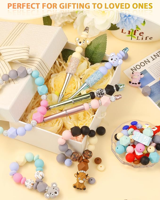 FIVEIZERO 164PCS Silicone Focal Beads for Keychain Making, Lentil, Printed, Rhinestone, Sliver Spacer Beads for Pens, Bracelets & Crafts with Elastic Cord & Scissors(Milk, Peanuts, Jam)