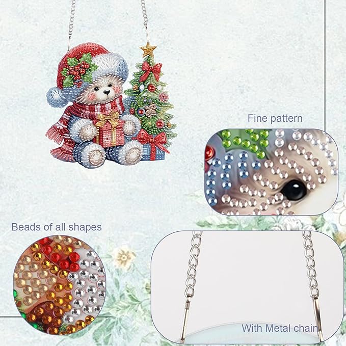 TDFERAN DIY 5D Diamond Painting Kits Hanging Sign 12x20cm Christmas Wall Art Sign Diamond Art Suncatcher Window Hanging Ornament Window Pendants Home Garden Wall Door Paint with Diamonds Wreath Bear