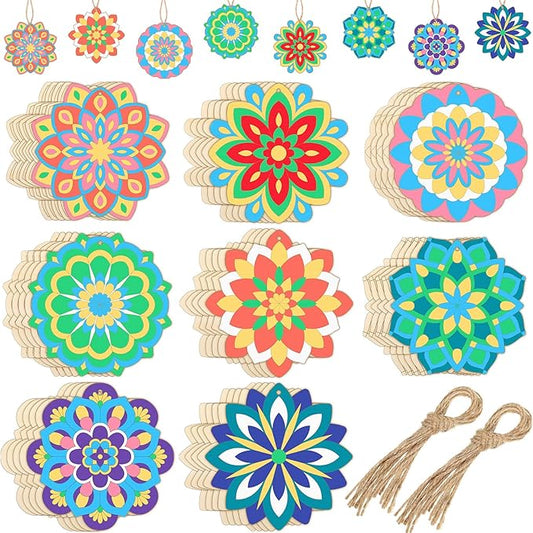 Blosssound 40 Pcs Unfinished Wood Mandala to Paint Wooden Mandala Painting Crafts Diwali Art Slices for Adult to Relax Painting DIY Crafts Ornament Wedding Home Decorations, 4 Inch(Fresh)