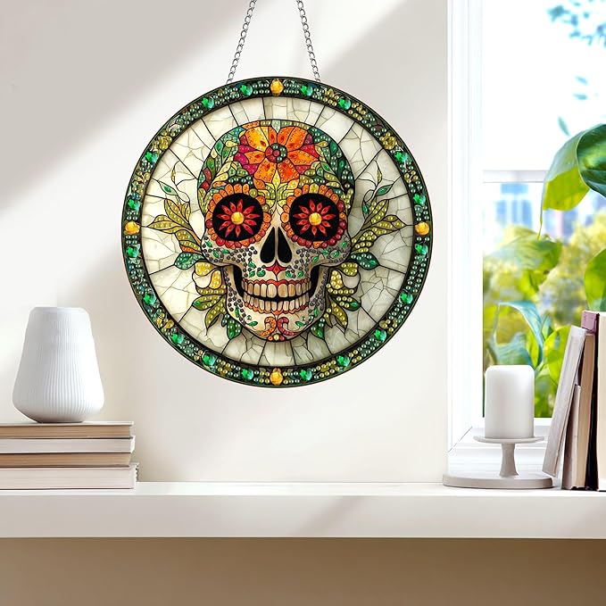 Wergund 5D DIY Skull Diamond Art Hanging Kits, Hanging Diamond Art, Acrylic Special Shaped Rhinestone, Window Hanging Pendants for Home Wall Garden Front Door Outdoor Decor Gift