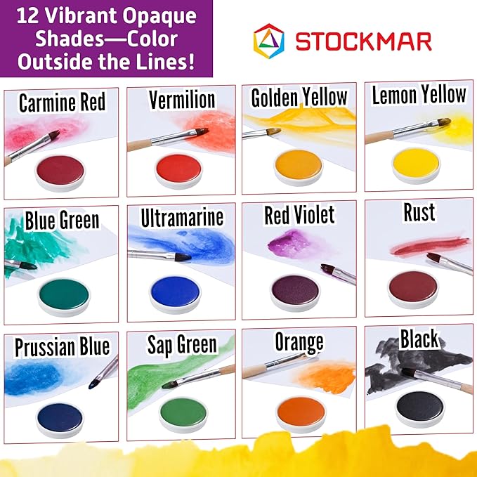 STOCKMAR Opaque Color Box - Set of 12 paints, Includes Opaque White Paint Tube, Brush, and Palette- Waldorf Art Supplies