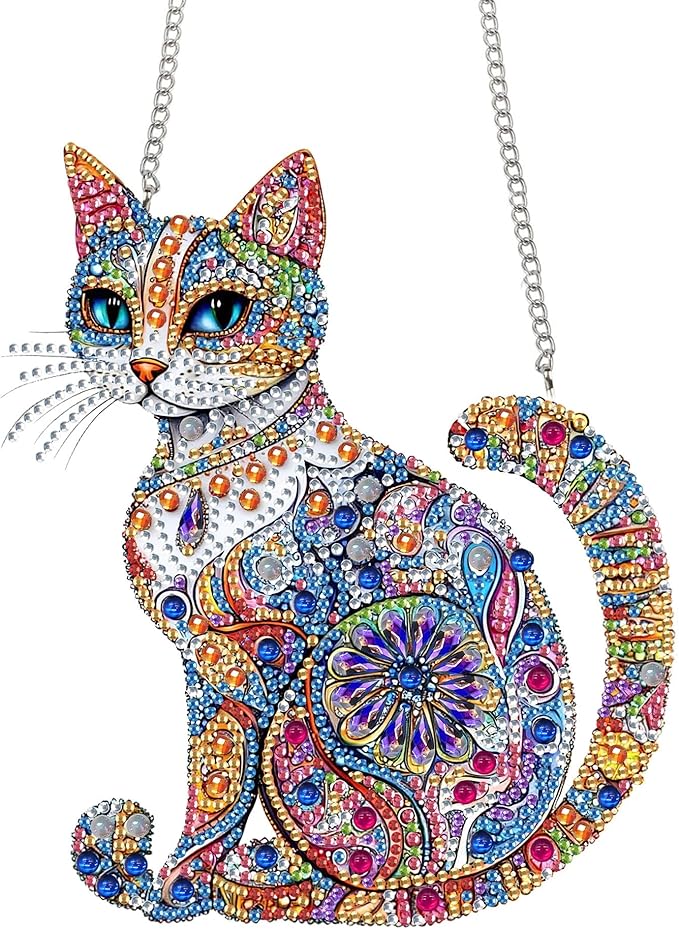 Bimkole Cat Diamond Art Hanging Kit for Adult, DIY 5D Animals Diamond Art Painting Window Pendant, Acrylic Crystal Art Hanging Ornament for Wall Home Garden Front Door Decor - 7.8x7.8 Inch