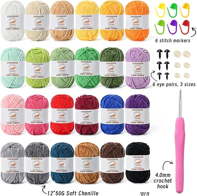 24 Pack Fluffy Velvet Yarn for Crocheting, Chunky Chenille Baby Yarn for Crocheting Soft Blanket, 1575 yds Amigurumi Yarns for Knitting, Bulky Multicolored Crochet Yarns Set A