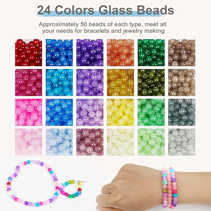 XSEINO About 1200PCS 6mm Glass Beads Bracelet Making Kit,24 Colorful Nature Series Colorful Crystal Beads for Bracelet and Jewelry Making and DIY Crafts,Friendship Bracelets