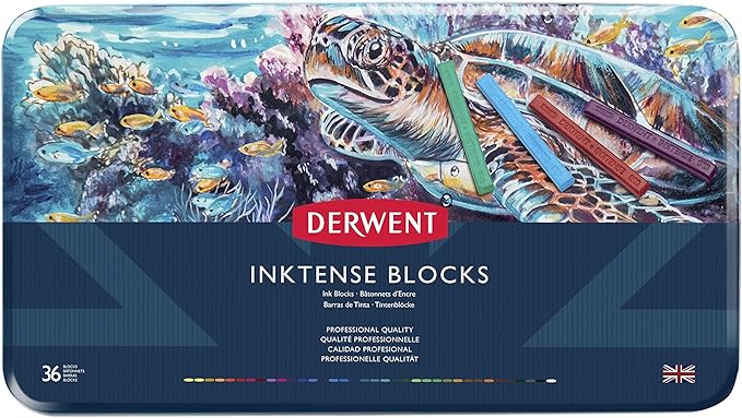Derwent Inktense Blocks 36 Tin, Set of 36, 8mm Block, Soft Texture, Watersoluble, Ideal for Watercolor, Drawing, Coloring, Crafts and Painting on Paper and Fabric, Professional Quality (2301979)