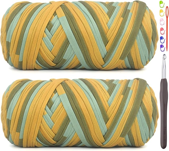 2 Pack Tshirt Yarn for Crocheting,Rainbow T Shirt Chunky Elastic Thick T-Shirt Crochet Yarn for Beginners Crocheting Hand Knitting Bag/Basket/Coasters/DIY Crafts/Home Decor 2 * 200G-Blue Brown Green