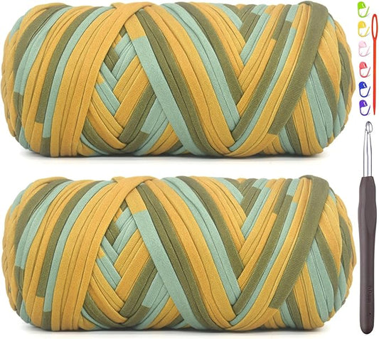 2 Pack Tshirt Yarn for Crocheting,Rainbow T Shirt Chunky Elastic Thick T-Shirt Crochet Yarn for Beginners Crocheting Hand Knitting Bag/Basket/Coasters/DIY Crafts/Home Decor 2 * 200G-Blue Brown Green