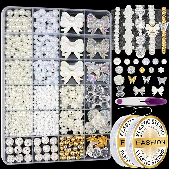 1178 Pcs Pearl Beads for Bracelet Making Kit Flower Rhinestone Beads for Jewelry Making Gold Silver Bracelet Bead Necklace Earrings DIY Craft for Women Adult Small Pearls Bead for Crafting