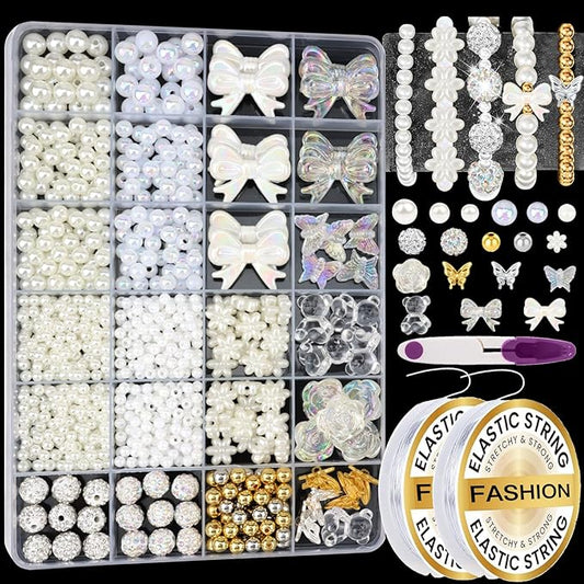 1178 Pcs Pearl Beads for Bracelet Making Kit Flower Rhinestone Beads for Jewelry Making Gold Silver Bracelet Bead Necklace Earrings DIY Craft for Women Adult Small Pearls Bead for Crafting