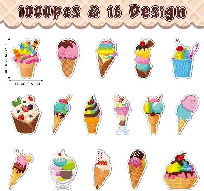 beyumi summer ice cream stickers - 1000pcs ice cream stickers in 2 rolls waterproof vinyl sweets themed cute dessert decals for gift laptop bottle scrapbooking luggage computer envelope decor for kids