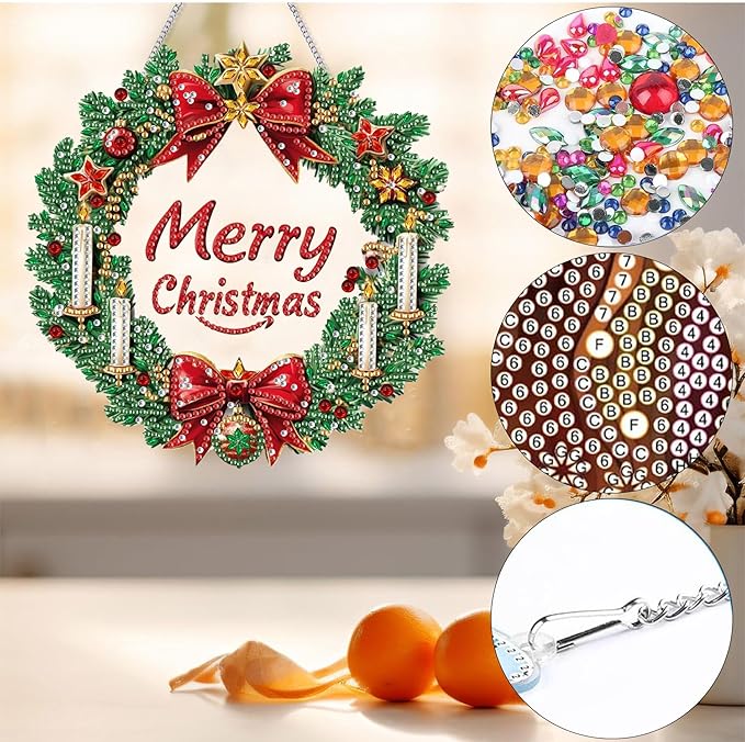 Bimkole Christmas Diamond Art Hanging Kit for Adult, DIY 5D Wreaths Diamond Art Painting Window Pendant, Acrylic Crystal Art Hanging Ornament for Wall Home Garden Front Door Decor - 7.8x7.8 Inch