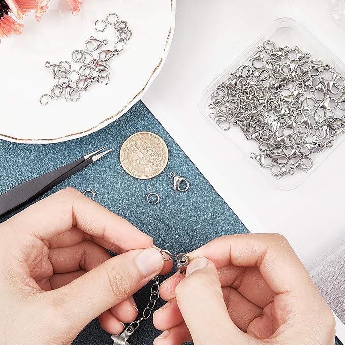 PH PandaHall 120 pcs 7mm 304 Stainless Steel Jump Rings with 60pcs Lobster Claw Clasps for Earring Bracelet Necklace Pendants Jewelry DIY Craft Making, Stainless Steel Color