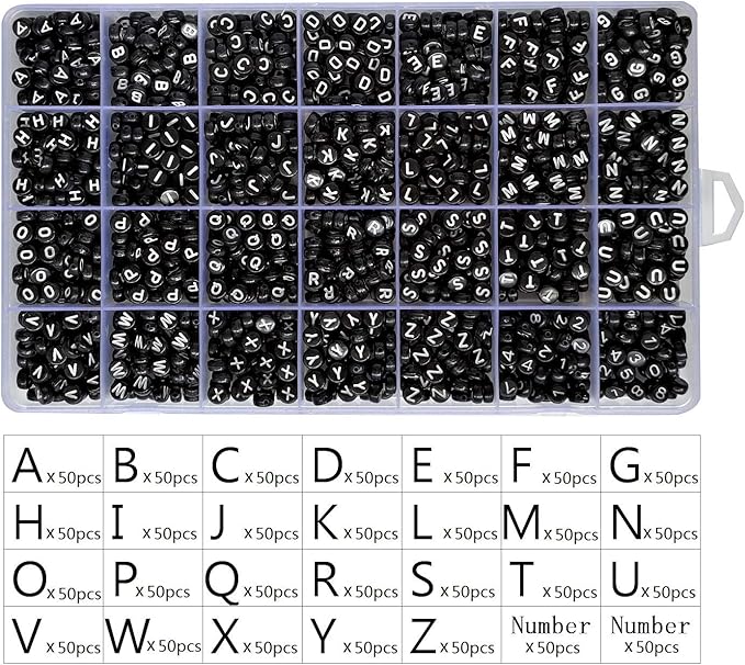 Amaney 1400pcs 4×7mm Black Round Acrylic Alphabet Letter Beads A-Z and Number Beads for Jewelry Making Bracelets Necklaces Key Chains