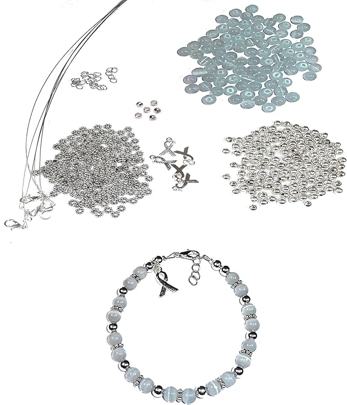 Hidden Hollow Beads DIY Craft Beading Kit, Everything to Make Cancer Awareness Bracelets, Uses Wire, Crimps and Clasps, Fundraising and Gifts (Brain Cancer - Grey - Makes 5)