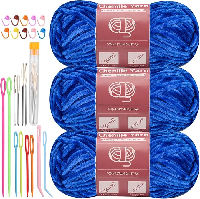 LUNARM Chenille Yarn for Crocheting Knitting, 3 Skein 263 Yard Thick Soft Chunky Fluffy Weaving Plush Yarn for Blankets Clothes Pattern Creations with Big Eye Needles (Royal Blue)