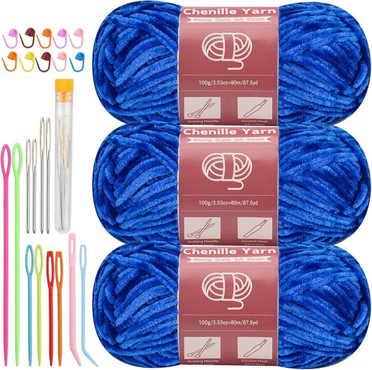 LUNARM Chenille Yarn for Crocheting Knitting, 3 Skein 263 Yard Thick Soft Chunky Fluffy Weaving Plush Yarn for Blankets Clothes Pattern Creations with Big Eye Needles (Royal Blue)