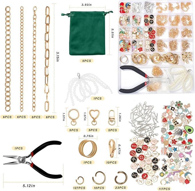 XUHAO7 DIY Jewelry Making Kit - 313-Piece All-in-One Craft Set with Pendants, Pearl Beads, Chains, Pliers, Storage Box & Bracelets, Keychains - Free 5 Velvet Drawstring Pouches