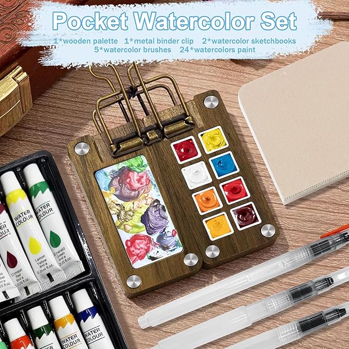 Mini Watercolor Paint Set, Travel Paint kit, Pocket Watercolor Set with Paint, Brush, Sketchbook & Copper Clip, Watercolor Travel Kit for Beginners, Artists & Painting Enthusiasts