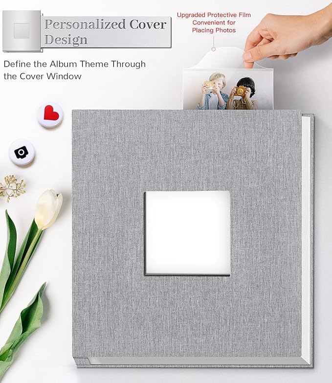 Photo Album Self Adhesive Scrapbook Album for 3x5 4x6 5x7 8x10 Pictures,40 Pages Linen Cover with Display Window DIY Photo Book,Ideal Gifts for Family Travel Wedding Baby
