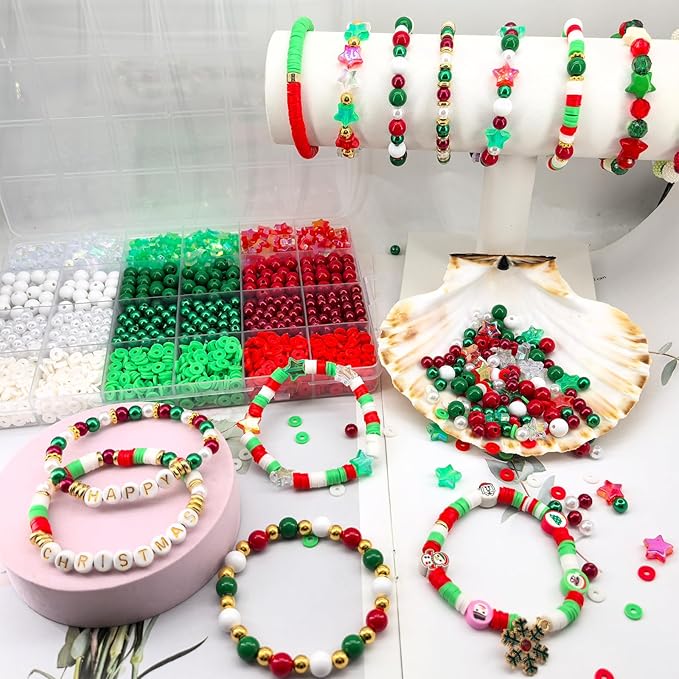 1938Pcs Christmas Beads for Jewelry Making, Red Green White Christmas Bracelet Making Kit Star Beads Polymer Clay Beads Heishi Beads 6mm Pearl Beads 8mm Acrylic Round Beads for Adult Craft Necklace