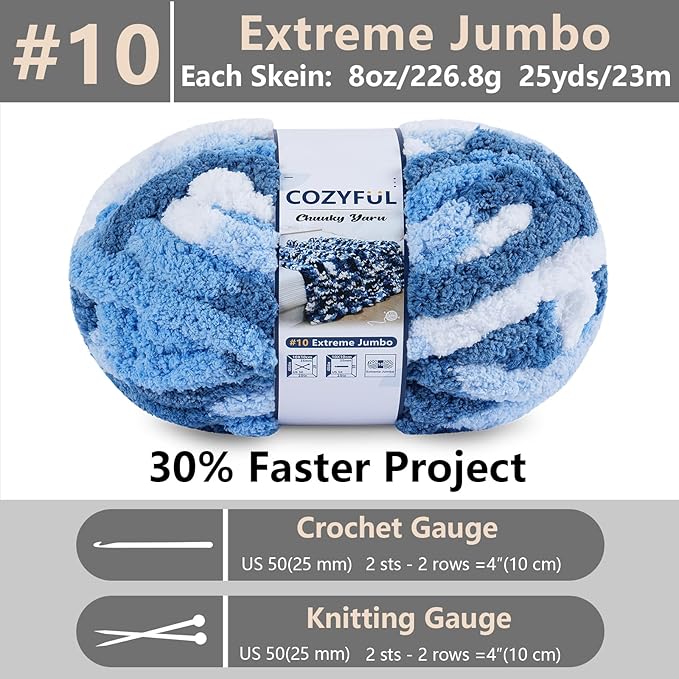 Chunky Yarn for Hand Knitting - #10 Chunky Chenille Blanket Yarn, Jumbo Big Thick Chunky Yarns for Crocheting, Tie Dye Bulky Knit Yarns, 8 Skein (25 yds 8 oz Each Skein), Sky&Navy&Royal&White