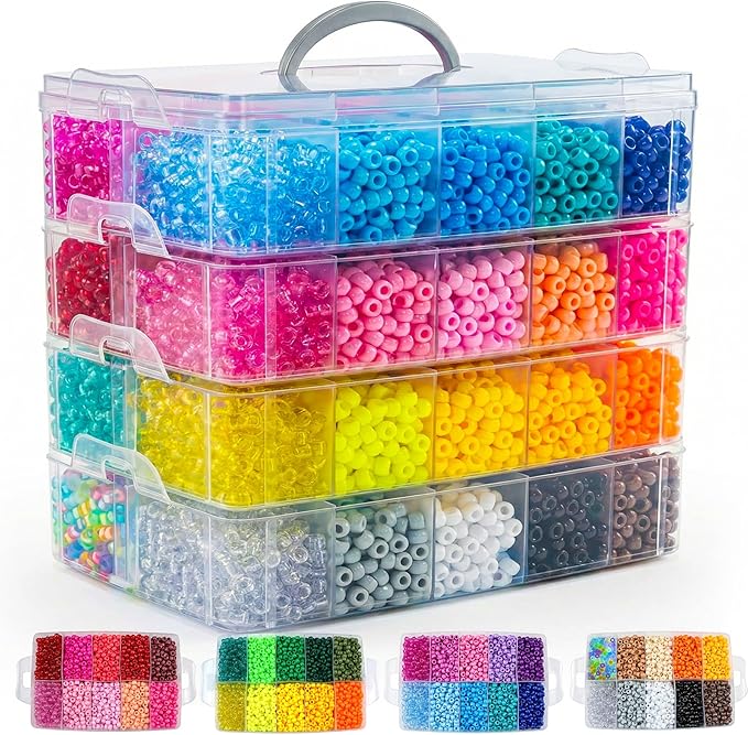 12000Pcs Pony Beads Kit, 40 Colors Rainbow Rave Kandi Beads for Bracelets Friendship with Neon Glow Beads Bulk for Hair Braiding DIY Jewelry Making Craft Kits (Shock Resistant Stackable Box, 9.2lb)