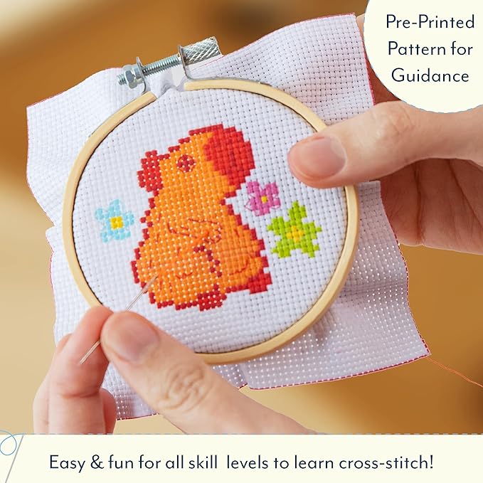 GAMAGO Capybara Cross Stitch Embroidery Kit – DIY Needlework Craft Set with Hoop, Fabric, Floss & Instructions, Cute Beginner Embroidery Kit for Kids, Teens, & Adults
