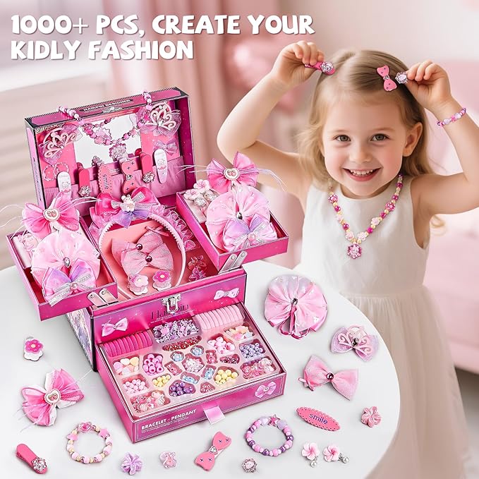 hair accessories for girls,headband set for girls ages 5-12,charm bracelet making kit 8-12,arts & crafts gift toys for girl 5 6 7 ,christmas birthday gifts for kids 8 9 10 11 12 year old girl (pink)