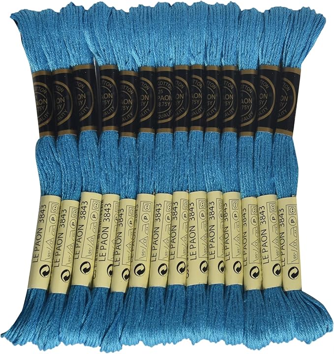 LE PAON Embroidery Floss, 14-Pack Six Strands 100% Long Staple Cotton Embroidery Thread, 8.7-Yard，Color Number：3843, Electric Blue