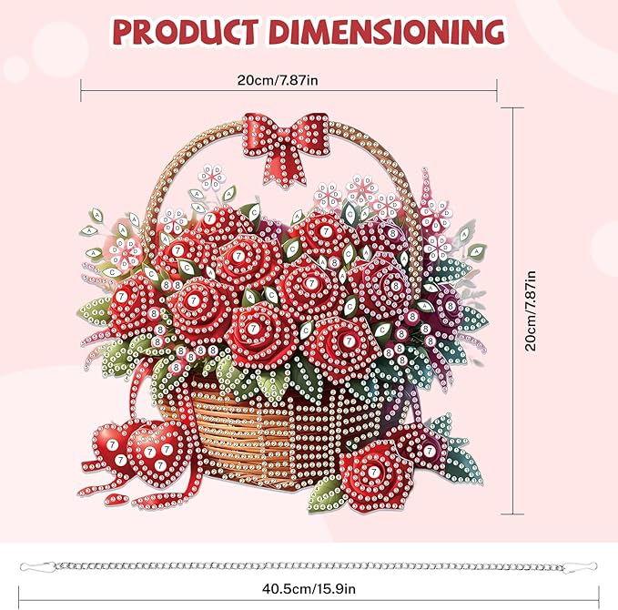 Bowetile Valentine's Day Diamond Art Hanging Kits for Adults, Diamond Art Suncatchers Red Rose Basket, 5D Special Shape Diamond Painting Flower Pendant Window Ornament Gifts for Home Door Wall Decor