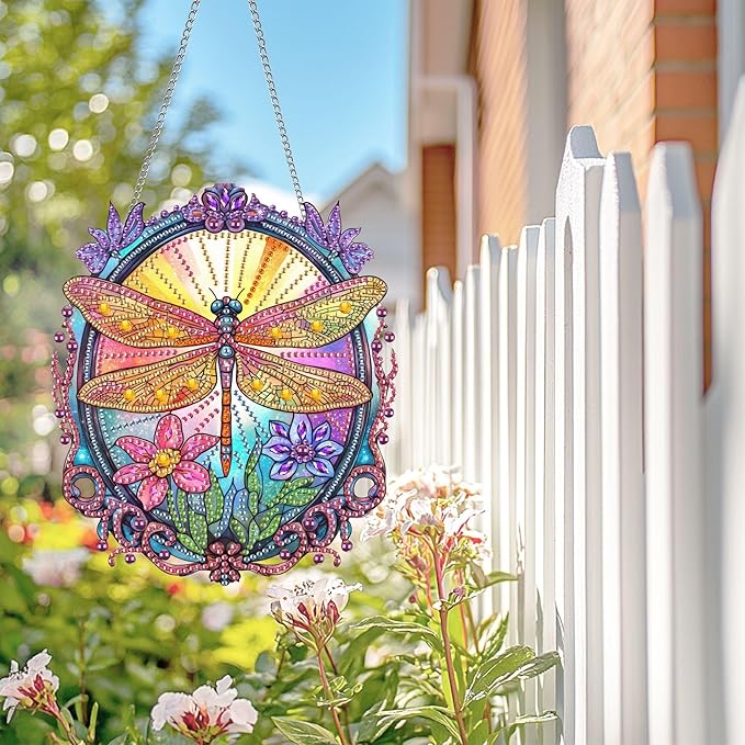 Wergund 5D DIY Dragonfly Diamond Art Hanging Kits, Hanging Diamond Art Flower, Acrylic Special Shaped Rhinestone, Window Hanging Pendants for Home Wall Garden Front Door Outdoor Decor Gift(Dragonfly)