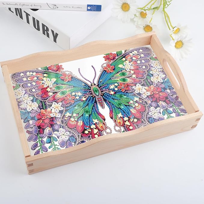 DIY Diamond Art Tray with Handle Diamond Art Painting Plate Creative Design Handmade Wooden Tray Mosaic Making Kits by Number Kits Diamond Art for Coffee Living Room Home Organizer (Butterfly)