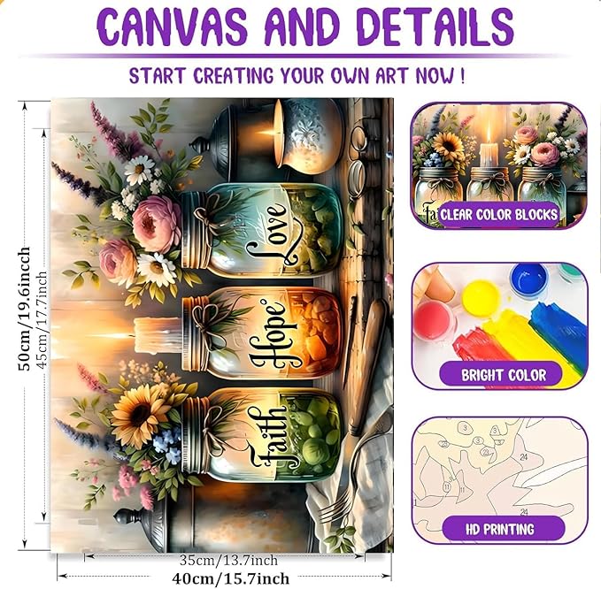 Fotasmua DIY Wishing Bottle Paint by Numbers for Adults Beginner, Faith, Hope, Love Paint by Numbers on Canvas, Easy Color Acrylic Painting by Number Kits for Offices and Home Wall Decor 16 X 20 Inch