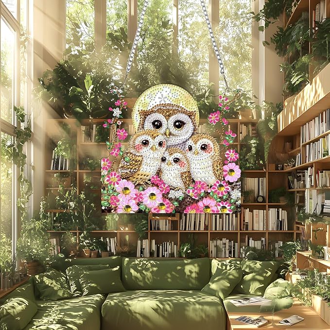 Lxmsja DIY Owls Family Diamond Painting Hanging Ornament, Double-Sided Acrylic Moonlit Diamond Art Kit, Special Shaped Suncatcher Hanging Pendant Window Art Kit 7x8 inch