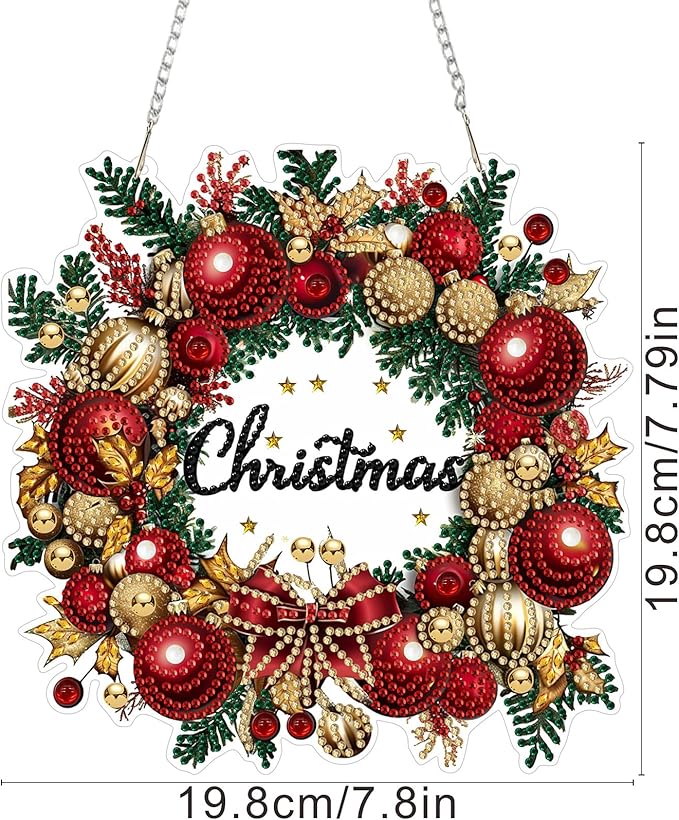 SENQAO Christmas Wreath Diamond Art Hanging Kits for Adults Beginners, DIY Acrylic 5D Special Shaped Crystal Diamond Gem Art Painting Hanging Ornament for Home Wall Decor and Gift