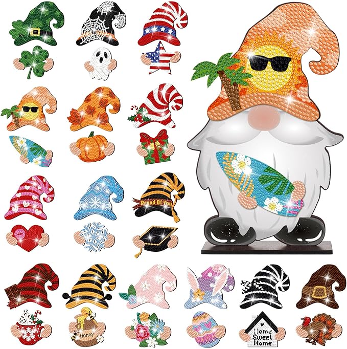 Juexica 32 Pcs Christmas Magnetic Diamond Painting Gnome Sign Art Decor Interchangeable Standing Posture DIY Seasonal Holiday Gifts Tiered Tray with Magnet Pieces for Home Office Desk(Adorable)