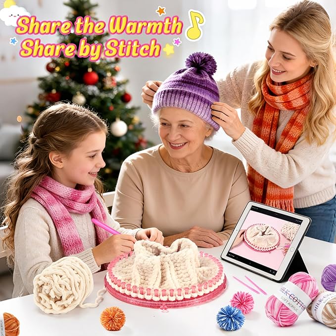 Spardar Hat Knitting Kit, Weaving Loom Kit with Portable Storage Bag, Includes Knitting Tools, 8*Pom-Pom Makers, 7 Color Yarns, Knit Hats, Scarves, Ideal Christmas or Birthday Gift, Pink