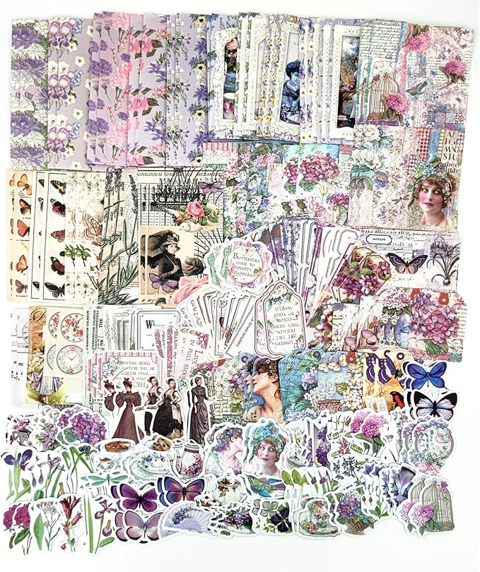 Esweny 200PCS Vintage Scrapbooking Supplies Pack, Aesthetic Scrapbook Sticker Paper Art Journaling Kit for Junk Journals,Planner,Cottagecore Decor Gifts (Purple Series)