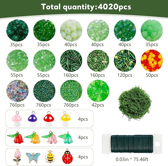 4020pcs Green Glass Beads Kit, Plant Beaded Crystal Glass Leaf Bead for Succulent Plant Making and DIY Crafts