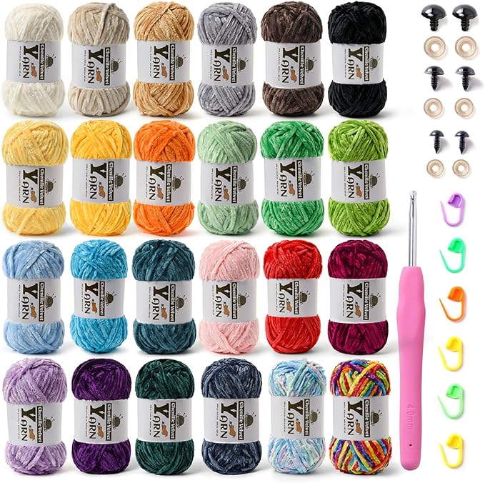 24 Pack Multicolor Crochet Yarns, Fluffy Chunky Chenille Yarn for Crocheting, Fuzzy Velvet Yarn for Crochet Kit, Baby Yarns for Crocheting Soft Amigurumi Set B (100g/87yds Each)