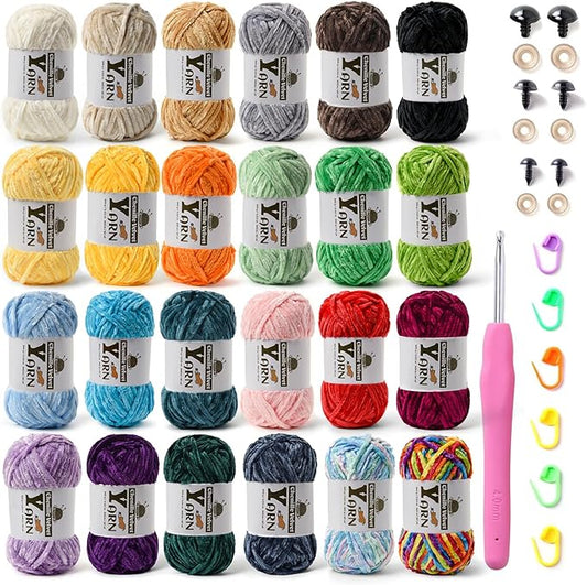 24 Pack Multicolor Crochet Yarns, Fluffy Chunky Chenille Yarn for Crocheting, Fuzzy Velvet Yarn for Crochet Kit, Baby Yarns for Crocheting Soft Amigurumi Set B (100g/87yds Each)